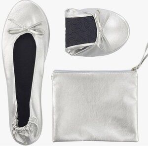 Ballerina Shoes, Foldable Ballet Flats (Silver, Size 6.5-7.5)